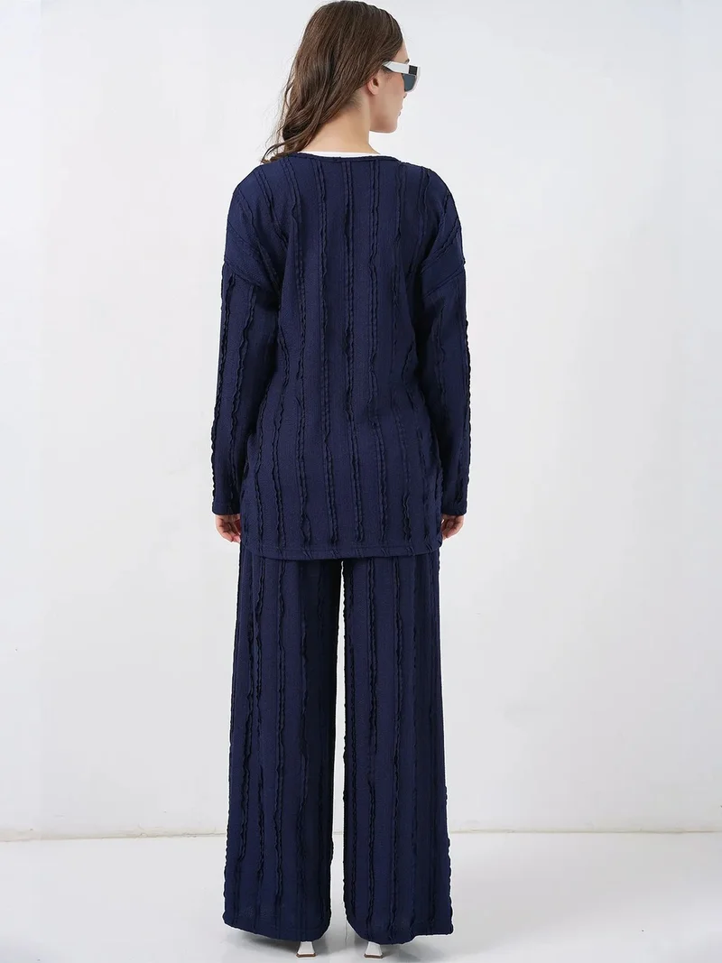 BIG DART BDART Textured V-Neck Tie Detail Kimono & Wide Leg Pants Set